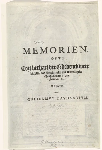 Titelpagina voor: Baudartius, Willem. Memoryen ofte Cort verhael der gedenck-weerdichste (...) gheschiedenissen, 1624 by Jan Jansz., print, 1624