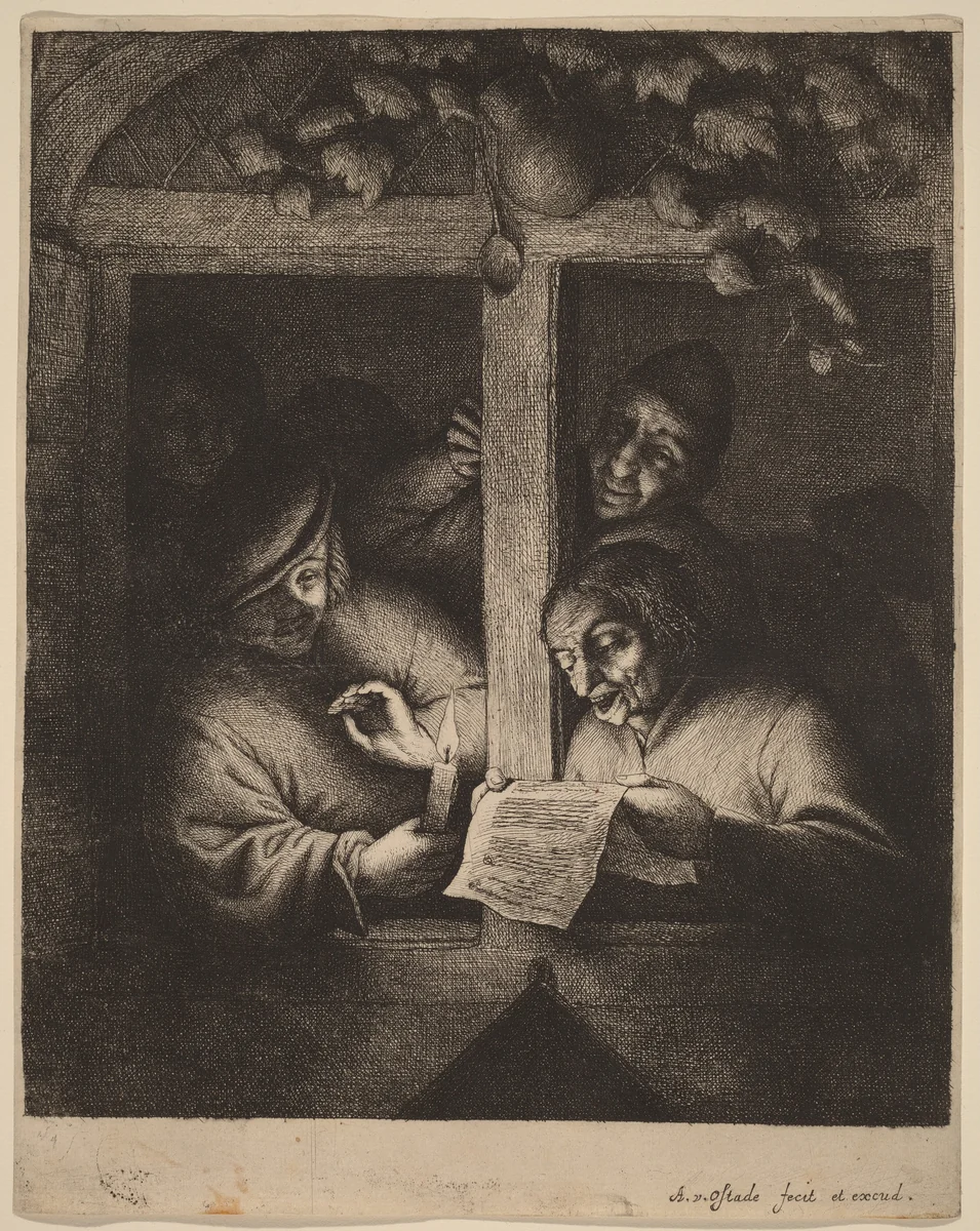 Four Men at a Window, One Reading from a Sheet by Candlelight by Adriaen van Ostade, print, 1648-1658