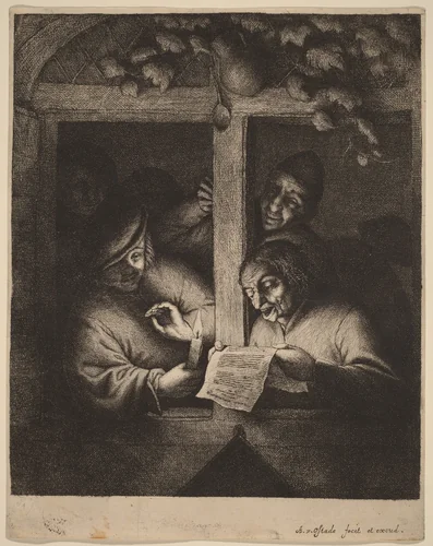Four Men at a Window, One Reading from a Sheet by Candlelight by Adriaen van Ostade, print, 1648-1658