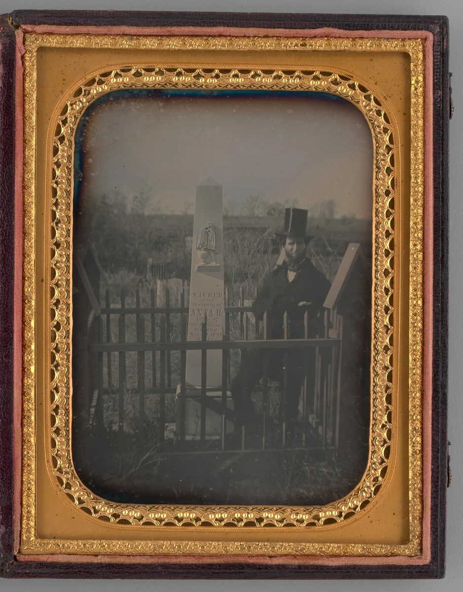 Untitled (Portrait of a Man with a Top Hat Standing next to a Gravestone) by Unknown maker, other, 1853
