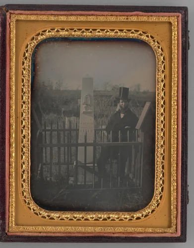 Untitled (Portrait of a Man with a Top Hat Standing next to a Gravestone) by Unknown maker, other, 1853