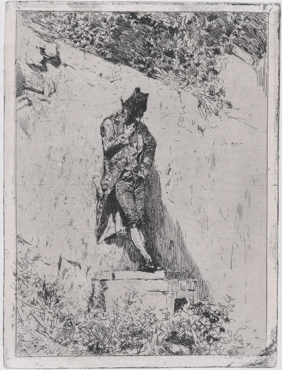 Meditation: a man standing on a step by a wall by Mariano Fortuny, print, 1865