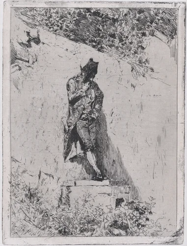 Meditation: a man standing on a step by a wall by Mariano Fortuny, print, 1865
