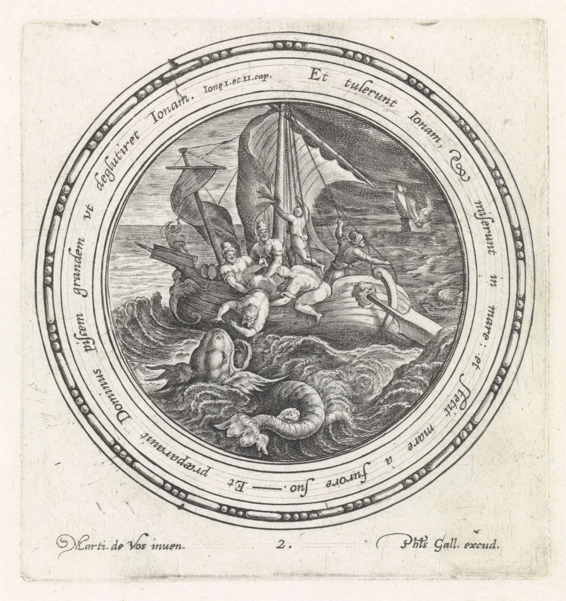 Jona wordt door de zeelieden overboord gegooid by Crispijn van de Passe, print, 1580-1588