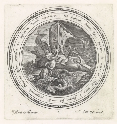 Jona wordt door de zeelieden overboord gegooid by Crispijn van de Passe, print, 1580-1588