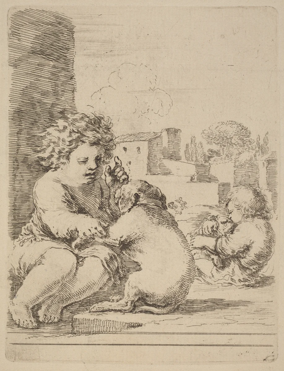 Child Playing with a Dog by Stefano della Bella, print, 1610-1664