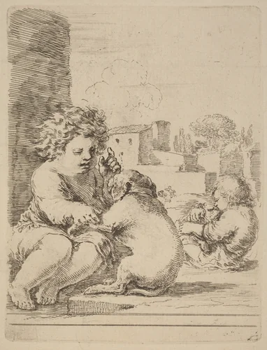 Child Playing with a Dog by Stefano della Bella, print, 1610-1664