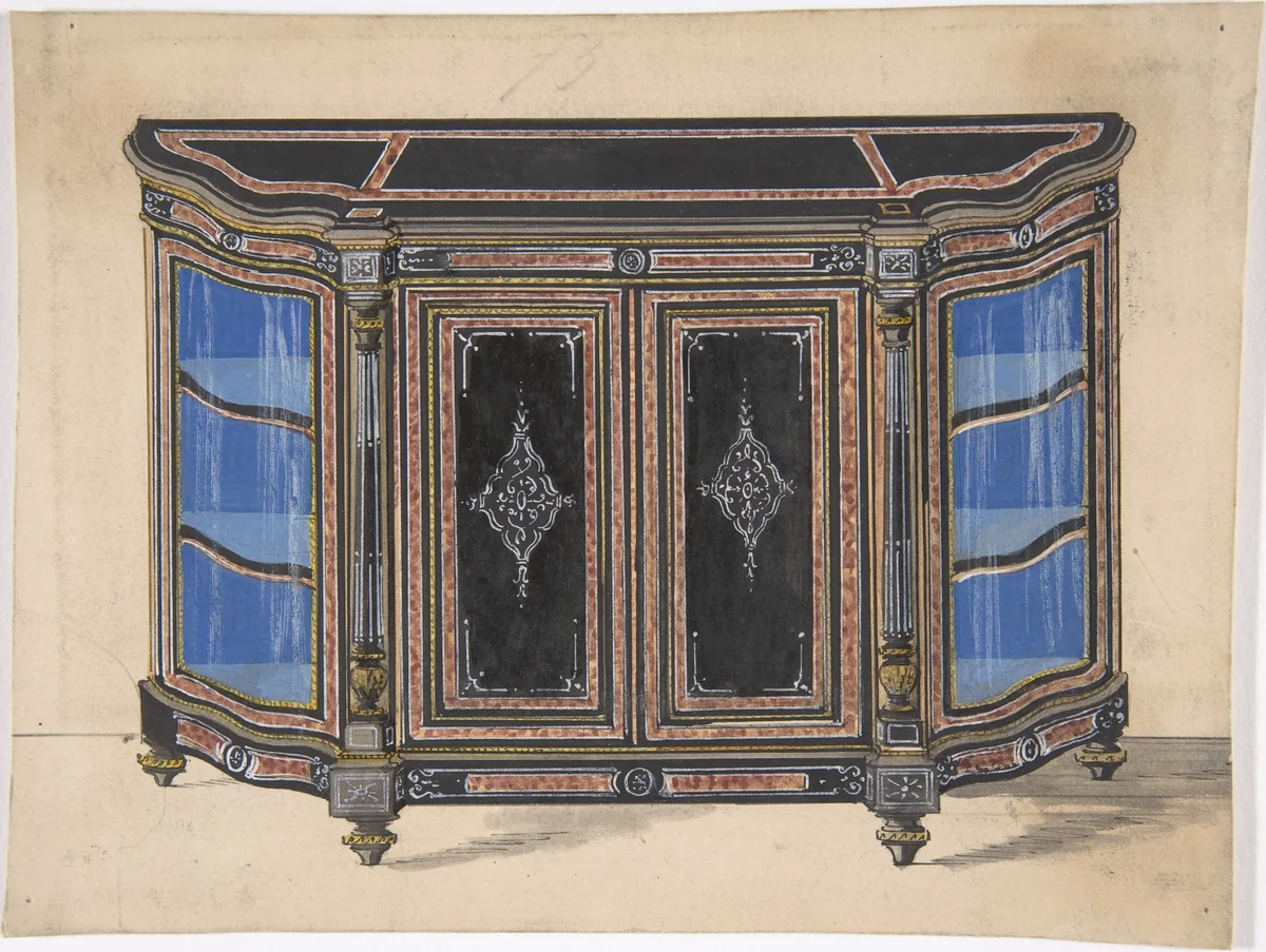 Design for a Cabinet with a Black Top and Blue Interior by anonymous, drawing, 1800-1900