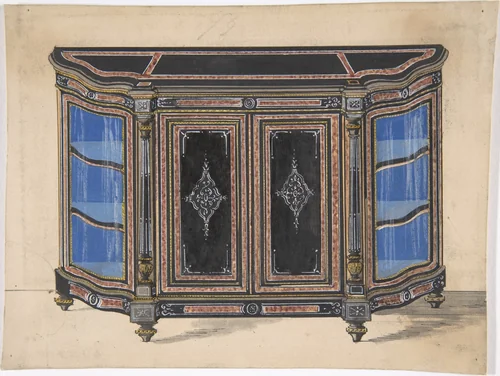 Design for a Cabinet with a Black Top and Blue Interior by anonymous, drawing, 1800-1900
