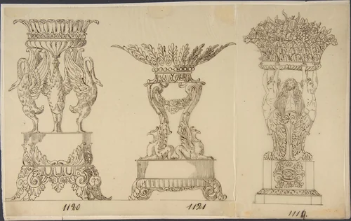Designs for Two Serving Dishes and a Planter by anonymous, drawing, 1800-1899