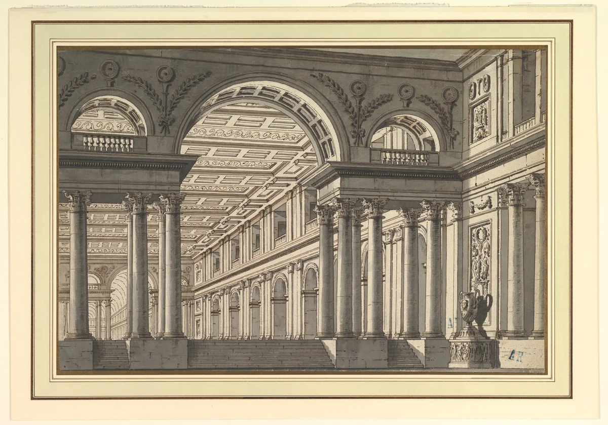 Design for a Stage Set: Classical Arcaded Gallery with Triumphal Arch Motif by Paolo Landriani, drawing, 1757-1839