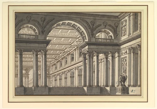 Design for a Stage Set: Classical Arcaded Gallery with Triumphal Arch Motif by Paolo Landriani, drawing, 1757-1839
