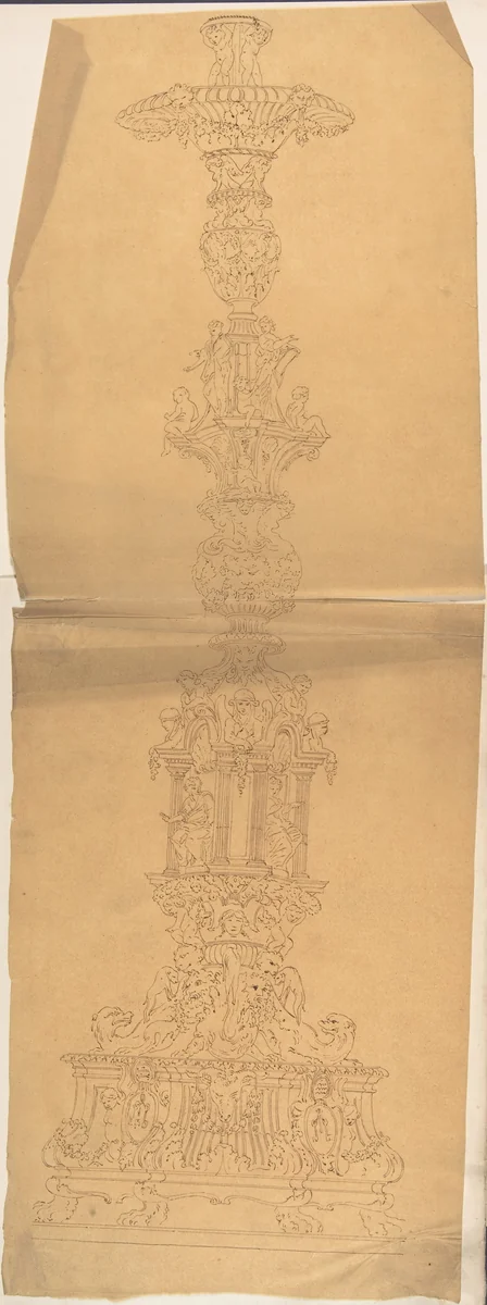 Metal Candlestick with Classical Ornament by anonymous, drawing, 1800-1900