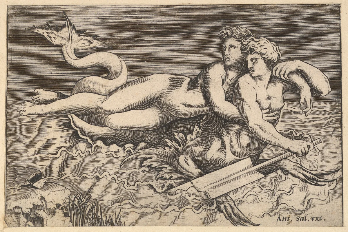 A Triton Carrying off a Nymph, from "Speculum Romanae Magnificentiae" by Marco Dente, print, 1515-1527