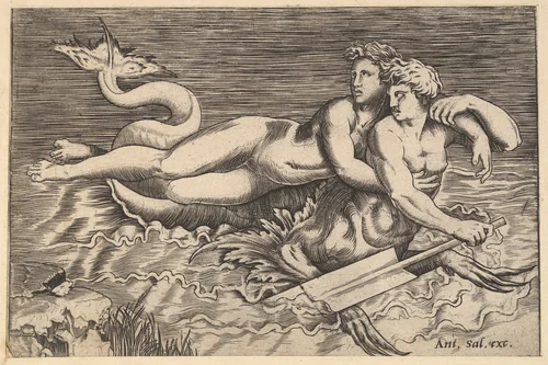 A Triton Carrying off a Nymph, from "Speculum Romanae Magnificentiae" by Marco Dente, print, 1515-1527