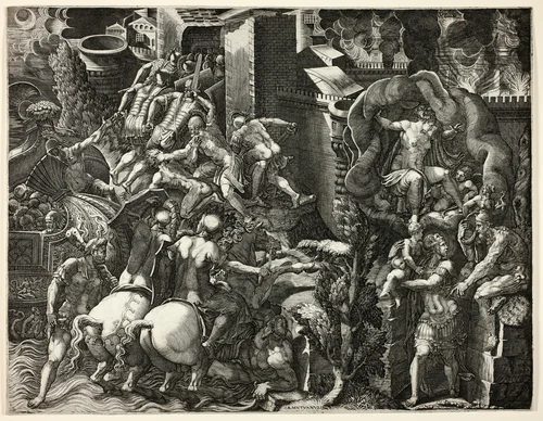The Fall of Troy and the Escape of Aeneas by Giorgio Ghisi, print, 1542-1548