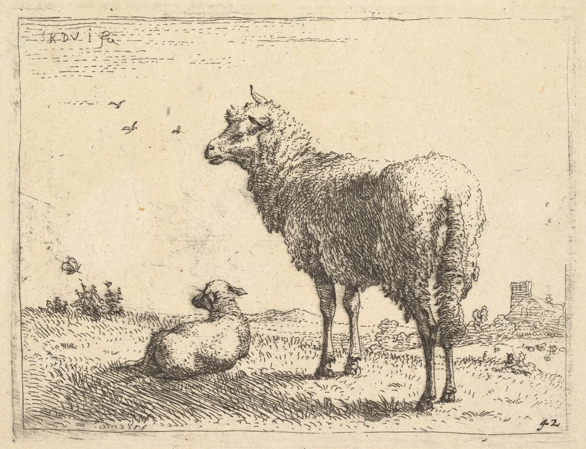 A mature sheep in three-quarters view standing and looking left, beside it a lamb lies on the grass by Karel Dujardin, print, 1650-1660