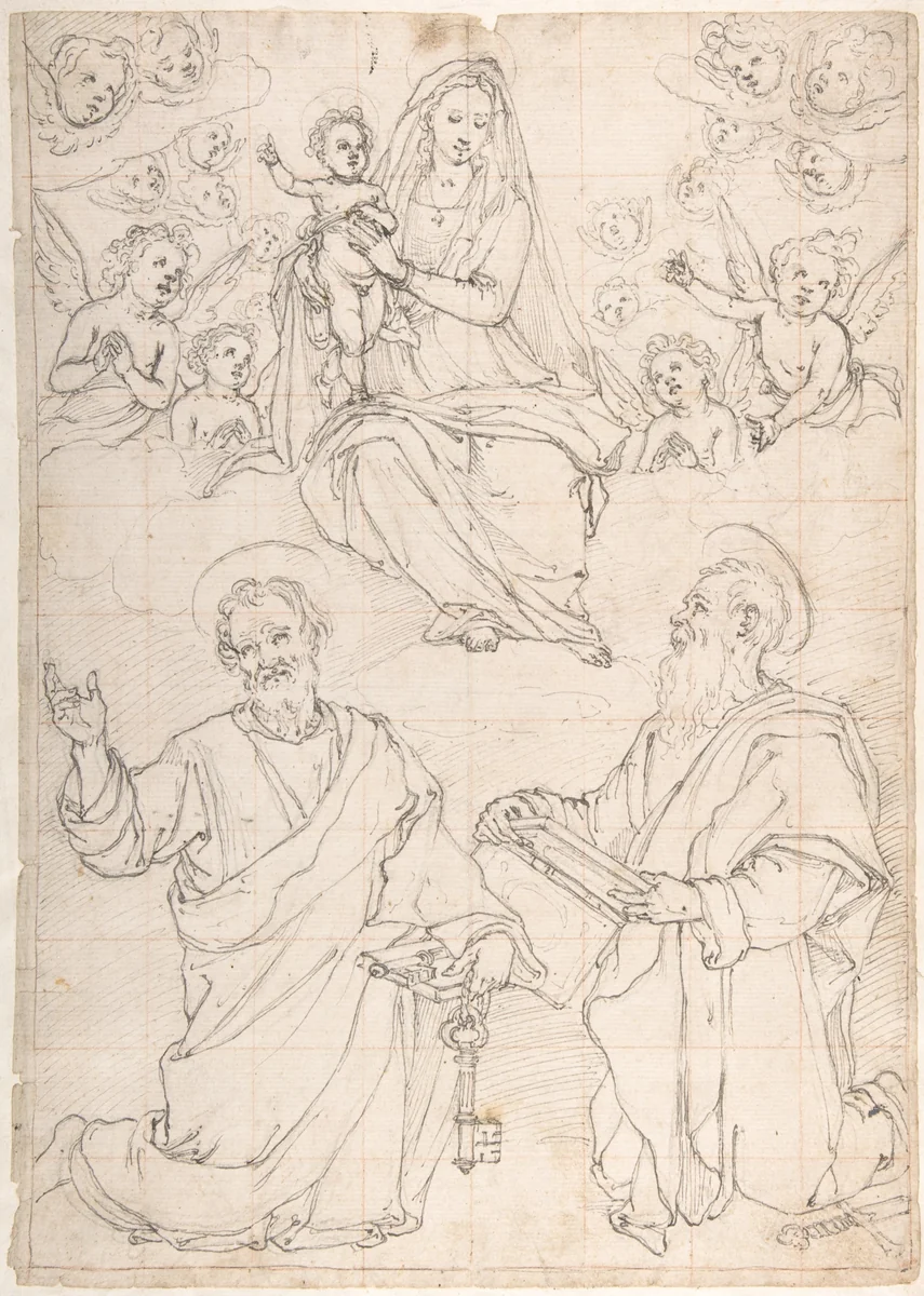 Virgin and Child Appearing in a Glory of Angels to Saint Peter and Saint Paul by Jacopo da Empoli, drawing, 1551-1640