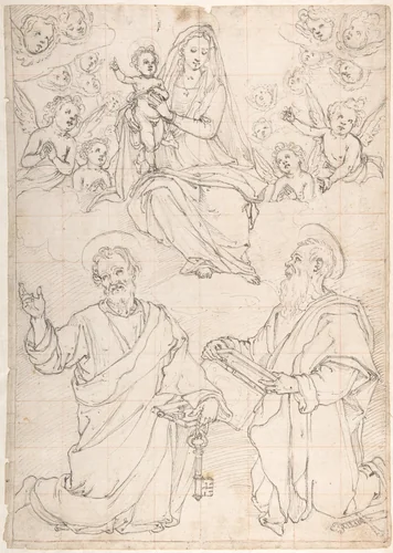 Virgin and Child Appearing in a Glory of Angels to Saint Peter and Saint Paul by Jacopo da Empoli, drawing, 1551-1640