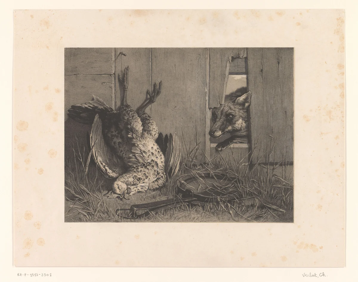 Vos ontdekt een dode haan by Charles Verlat, print, 1834-1890