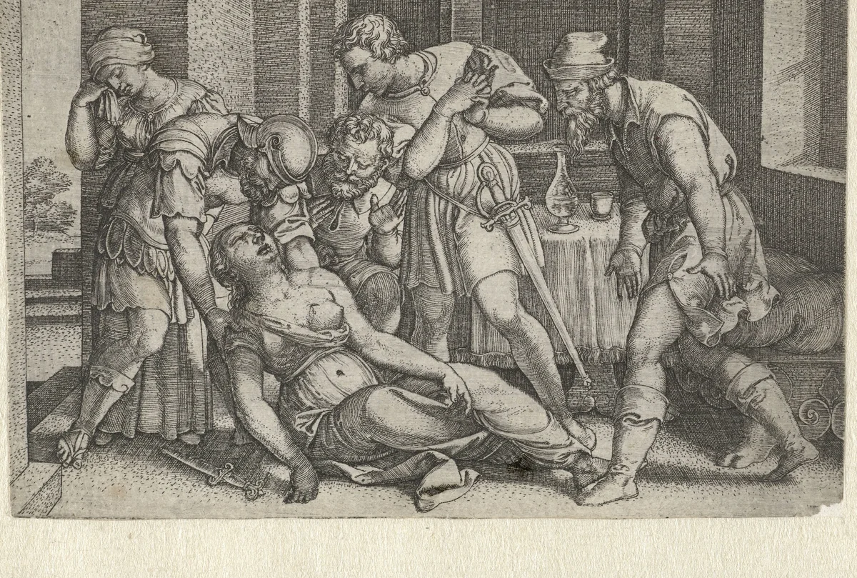 Collatinus en Brutus bij de stervende Lucretia by Unknown, print, 1546-1547