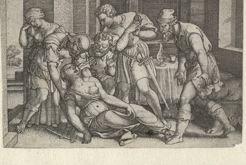 Collatinus en Brutus bij de stervende Lucretia by Unknown, print, 1546-1547