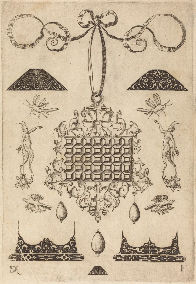 Large Pendant with Square with 35 Flat Stones by Daniel Mignot, print, 1593