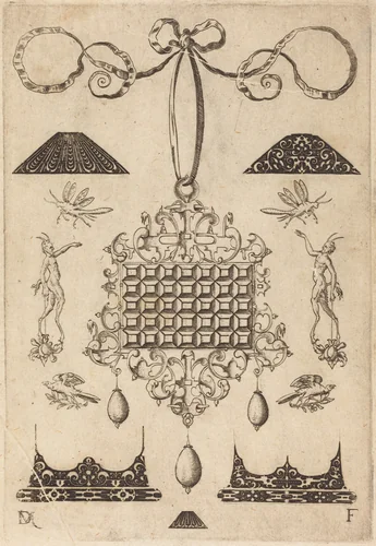 Large Pendant with Square with 35 Flat Stones by Daniel Mignot, print, 1593