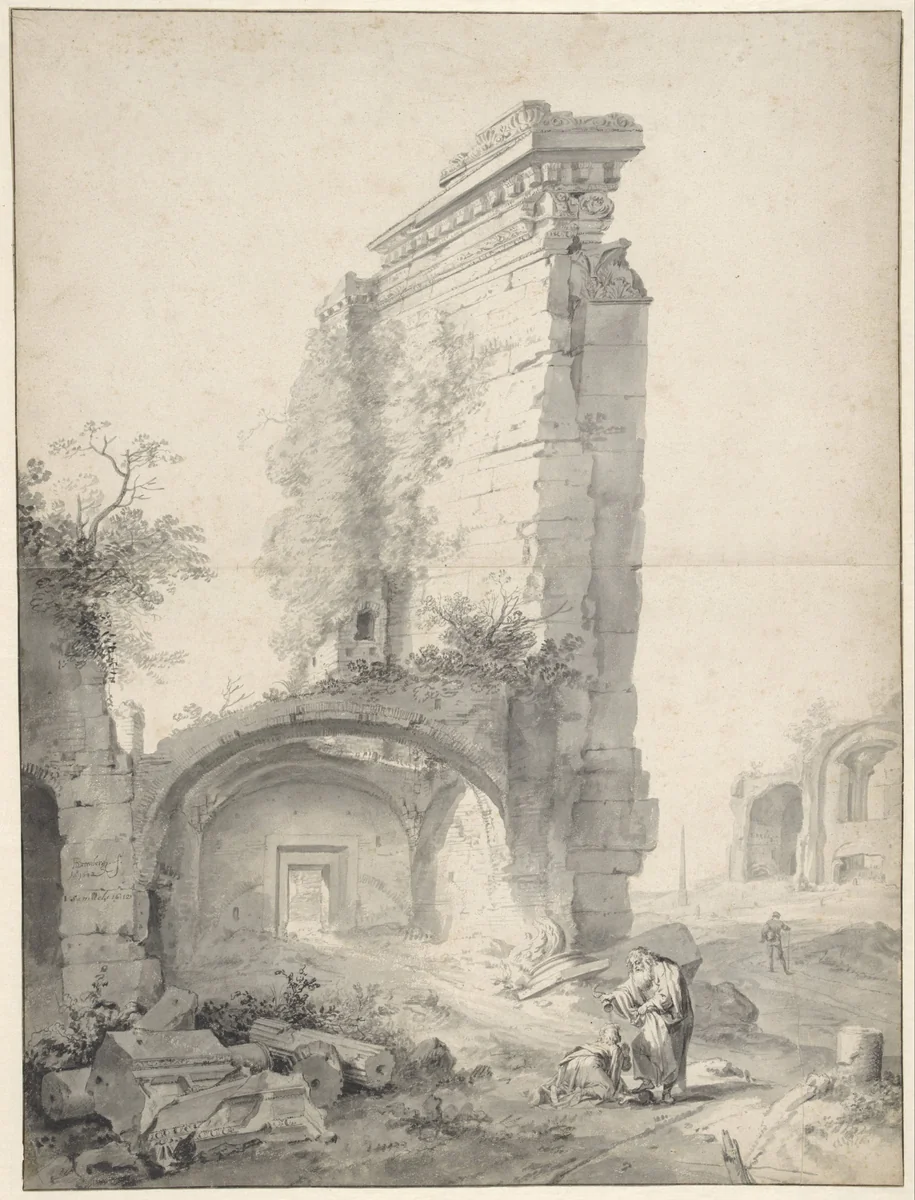 De zalving van David tussen ruïnes van het Forum Romanum by Bartholomeus Breenbergh, drawing, 1642