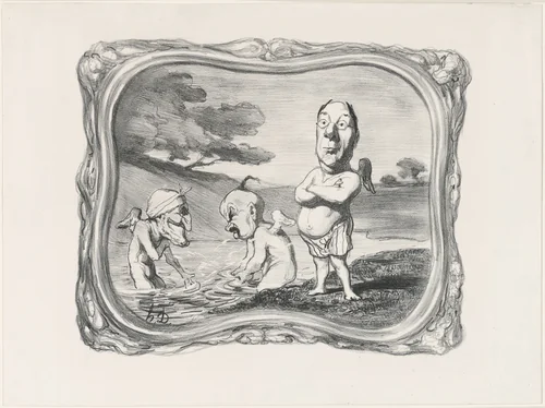 Neighborhood nymphs, come discreet nymphs Laboulie in these places arrayed with his glasses, Shows himself to your glances in uncovered masses A young journalist who, leaving the unsullied water having hardly given his signature Dries his fine torso in the sun, plate 5 from Idylles Parlementairesa by Honoré-Victorin Daumier, print, 1850
