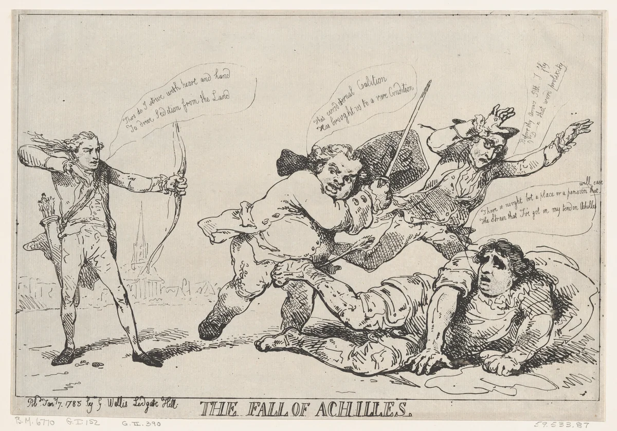 The Fall of Achilles by Thomas Rowlandson, print, 1785