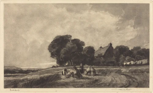 Cottage and Harvesters by Frank Short; Peter De Wint, print, 1907