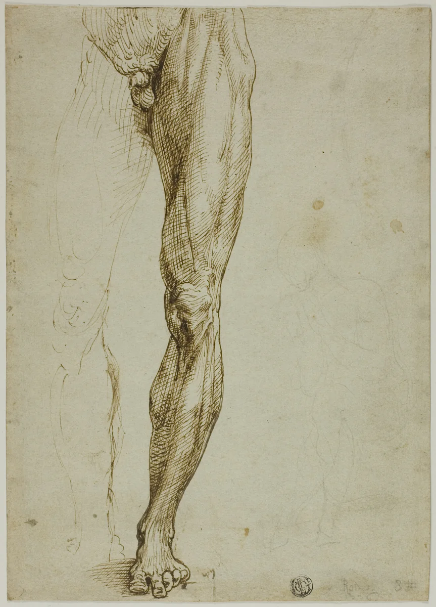Male Figure Study, with Slight Sketch of Seated Figure by Michelangelo Buonarroti, drawing, 1540-1550