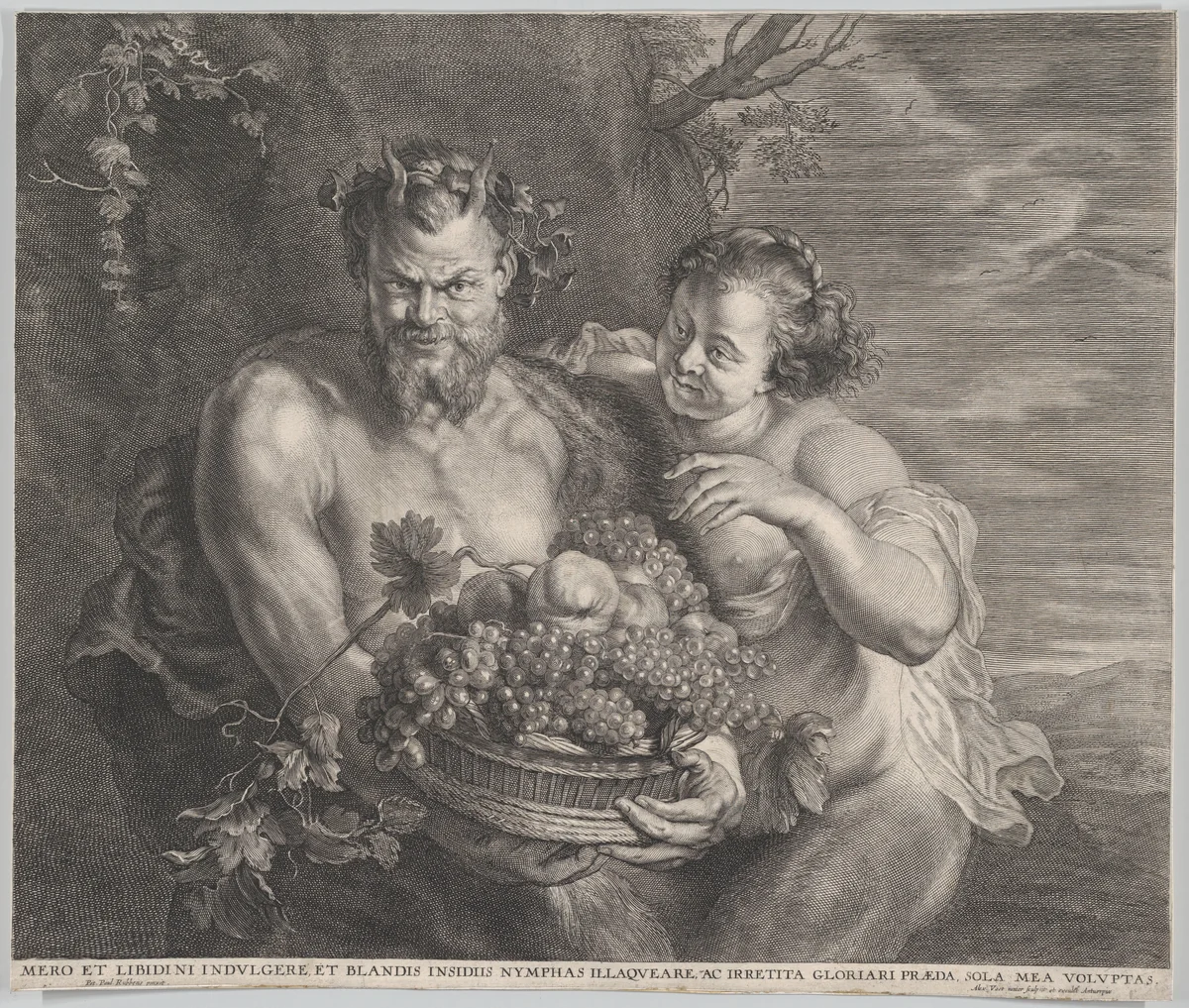 Satyr and Bacchante by Alexander Voet, print, 1645-1700