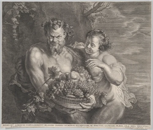 Satyr and Bacchante by Alexander Voet, print, 1645-1700