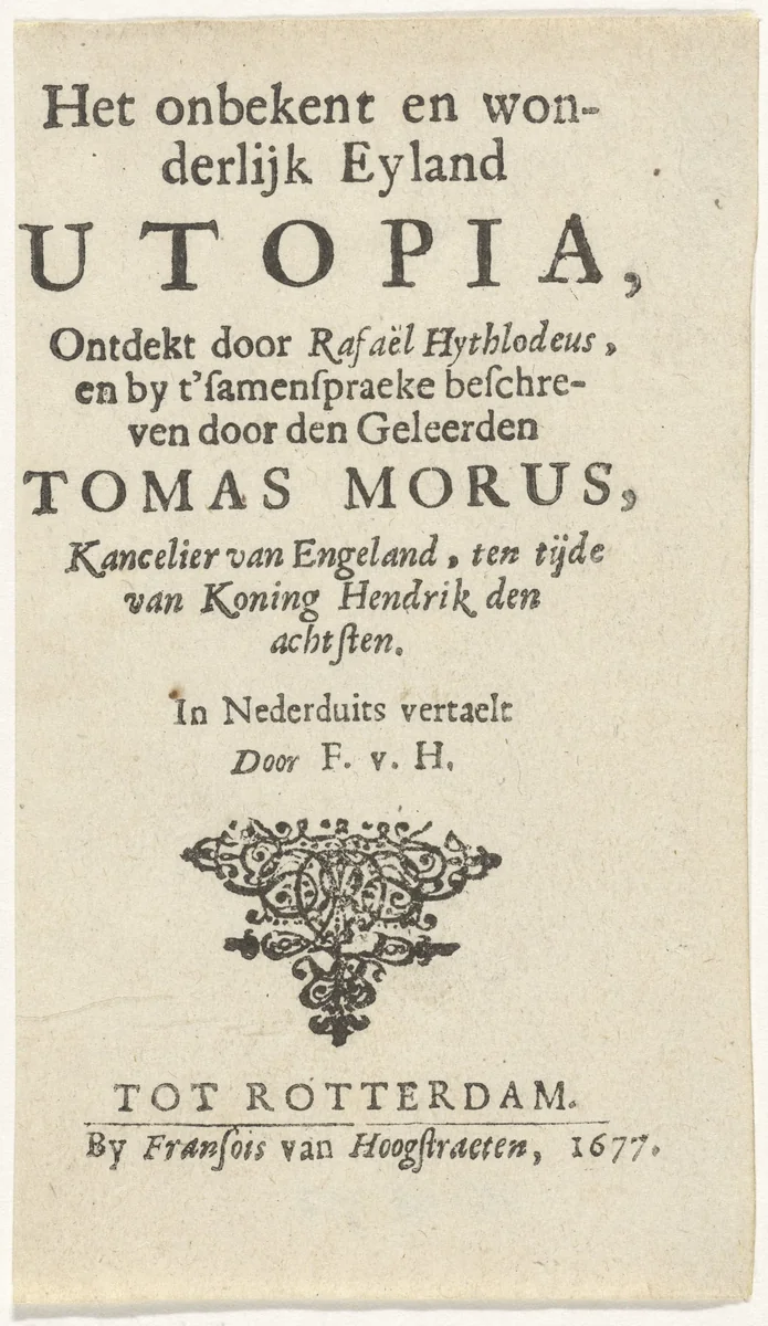 Titelpagina voor: T. Morus, Het onbekent en wonderlijk eyland Utopia, 1677 by Arnold Houbraken, print, 1677