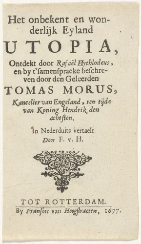 Titelpagina voor: T. Morus, Het onbekent en wonderlijk eyland Utopia, 1677 by Arnold Houbraken, print, 1677