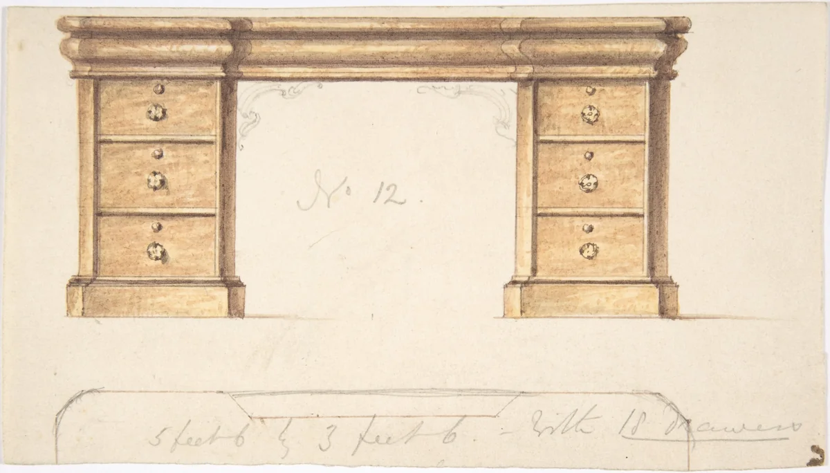 Design for a Desk with Two Sets of Drawers by anonymous, drawing, 1815-1840