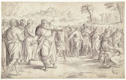 Jozua vermaant het volk om trouw aan God te blijven by Frans Francken, drawing, 1552-1616