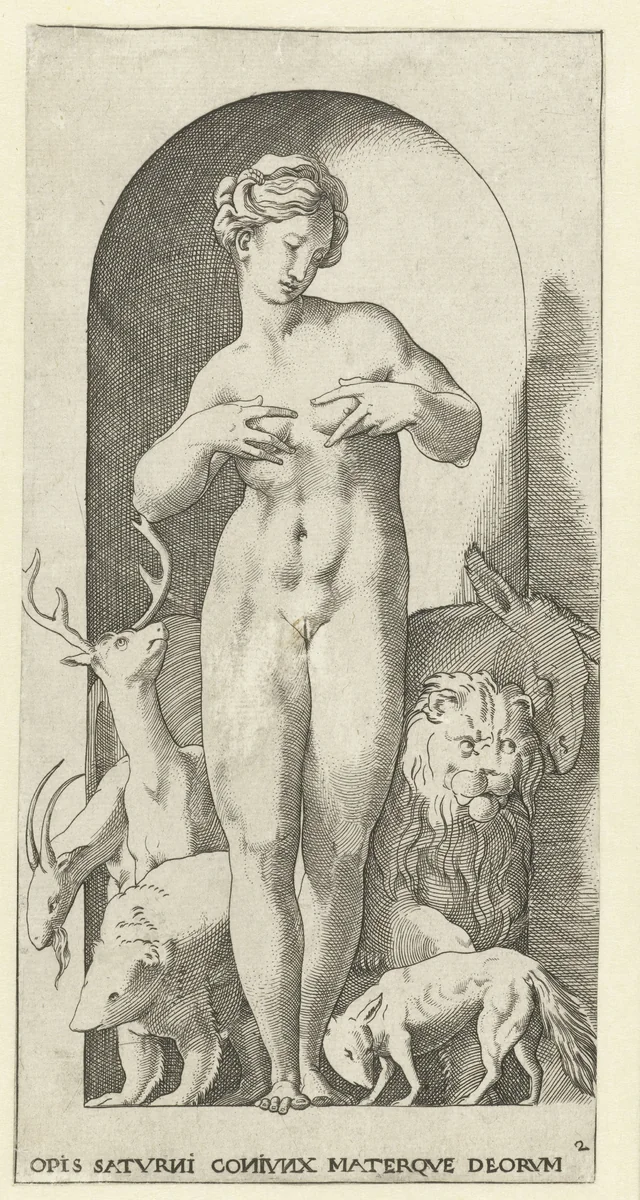 Ops (Opis) met verschillende dieren by Jacob Binck, print, 1530