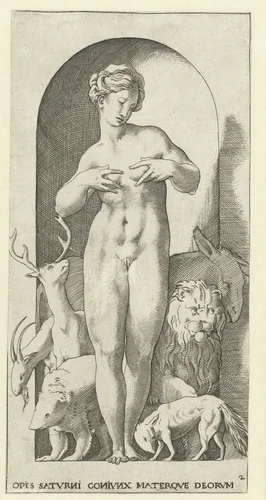 Ops (Opis) met verschillende dieren by Jacob Binck, print, 1530