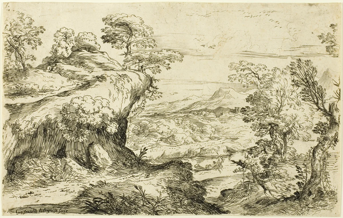 Two Men on a Mountain Top by Giovanni Francesco Grimaldi, print, 1626-1680