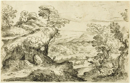 Two Men on a Mountain Top by Giovanni Francesco Grimaldi, print, 1626-1680