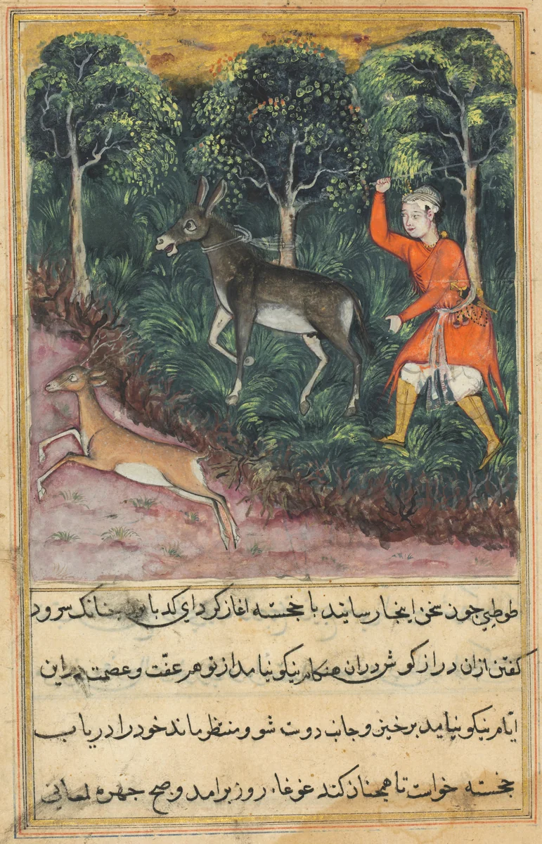The gardener seizes and beats a donkey who insisted on braying, while the deer, its companion flees to safety, from a Tuti-nama (Tales of a Parrot): Forty-first Night by Unknown, painting, 1555-1565