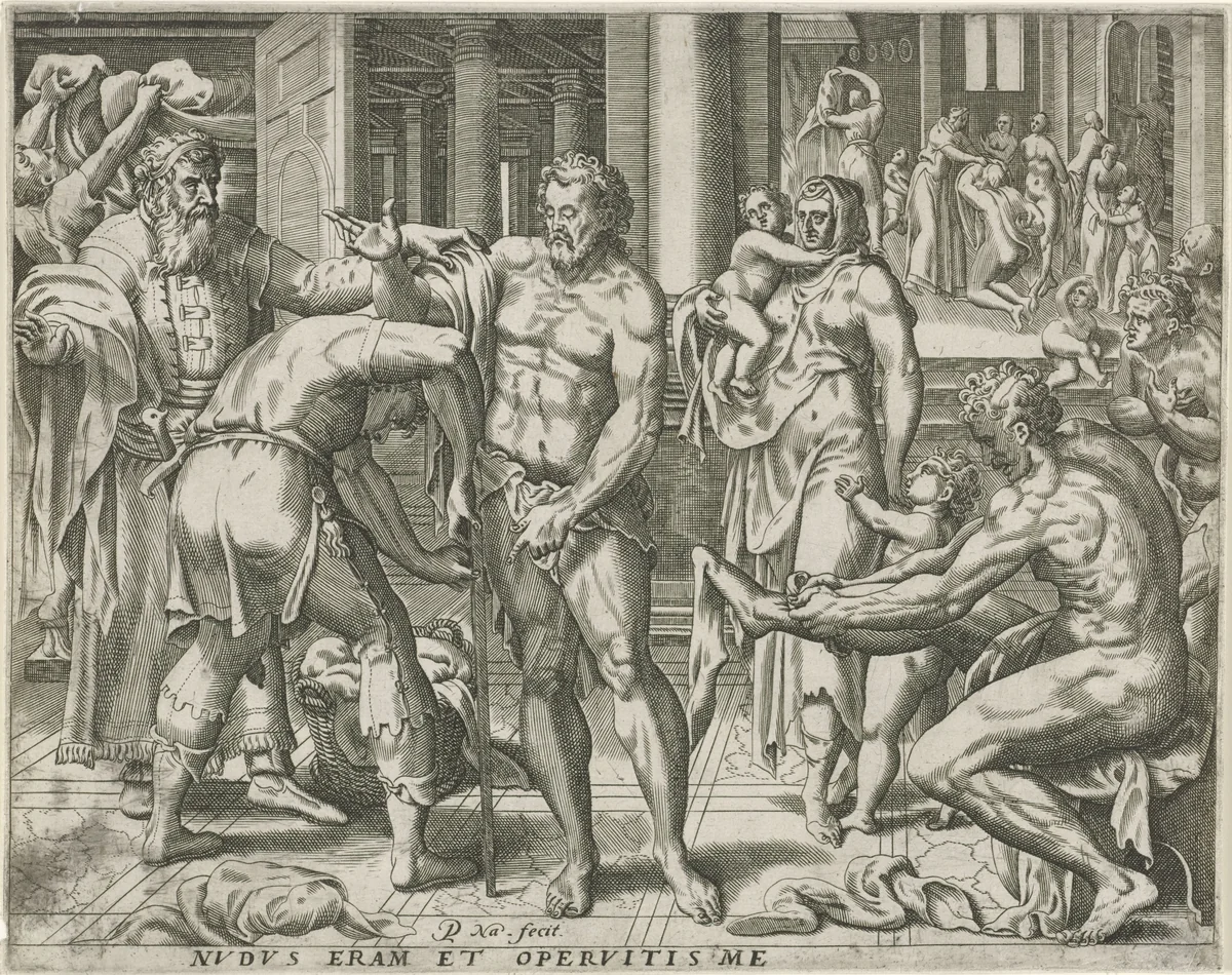 Kleden van de naakten by Unknown, print, 1571