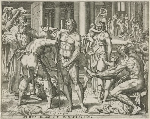 Kleden van de naakten by Unknown, print, 1571