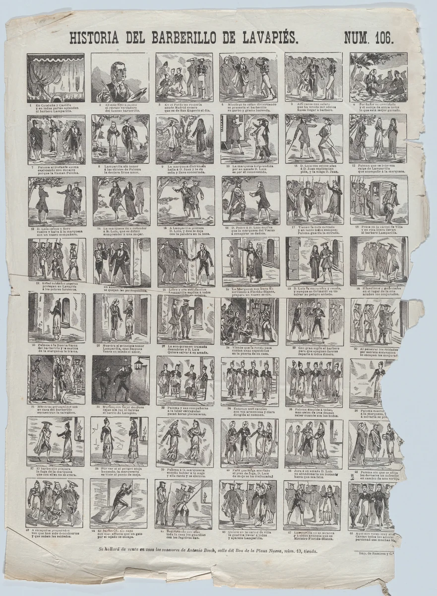 Broadside with 48 scenes relating to the zarzuela barberillo of Lavapiés by Antonio Bosch, print, 1855-1865