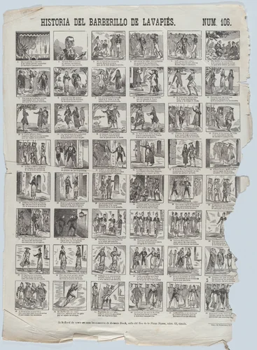 Broadside with 48 scenes relating to the zarzuela barberillo of Lavapiés by Antonio Bosch, print, 1855-1865