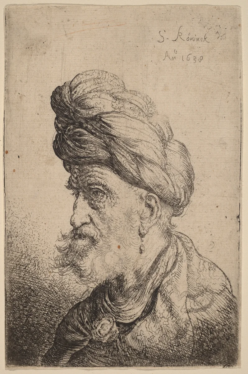 Bust of a Man with a Turban Facing Left by Salomon Koninck, print, 1638