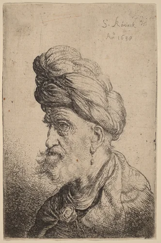 Bust of a Man with a Turban Facing Left by Salomon Koninck, print, 1638